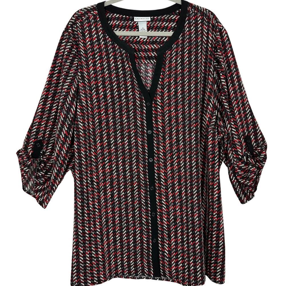 Catherines Size 3X Blouse Button Down Roll Tab Sleeve Black Red Chevron Print